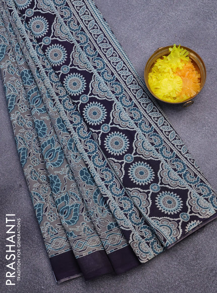 Jaipur cotton saree grey peacock green and dark navy blue with allover prints and printed border