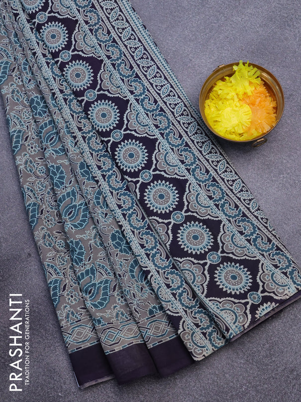 Jaipur cotton saree grey peacock green and dark navy blue with allover prints and printed border