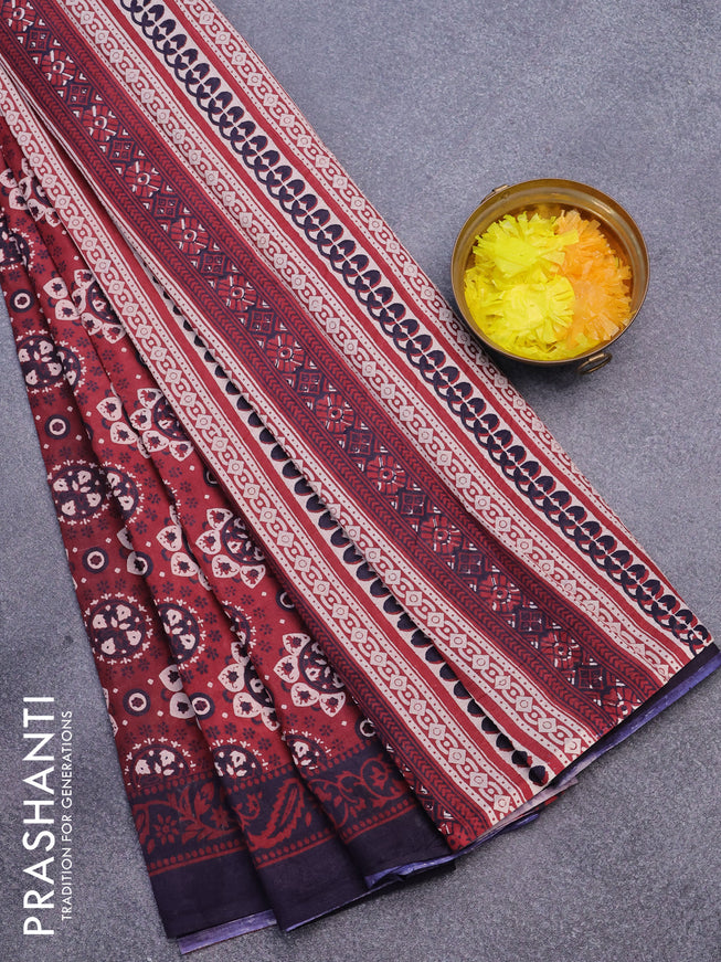 Jaipur cotton saree maroon and deep jamun with allover prints and printed border