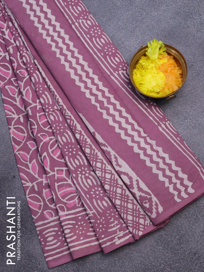 Jaipur cotton saree mauve pink with allover prints and printed border