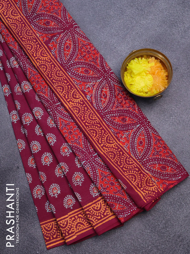 Jaipur cotton saree dark magenta pink and orange with allover butta prints and printed border