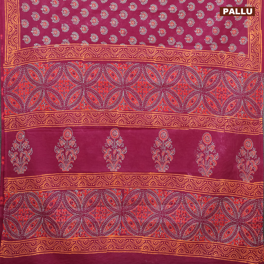 Jaipur cotton saree dark magenta pink and orange with allover butta prints and printed border