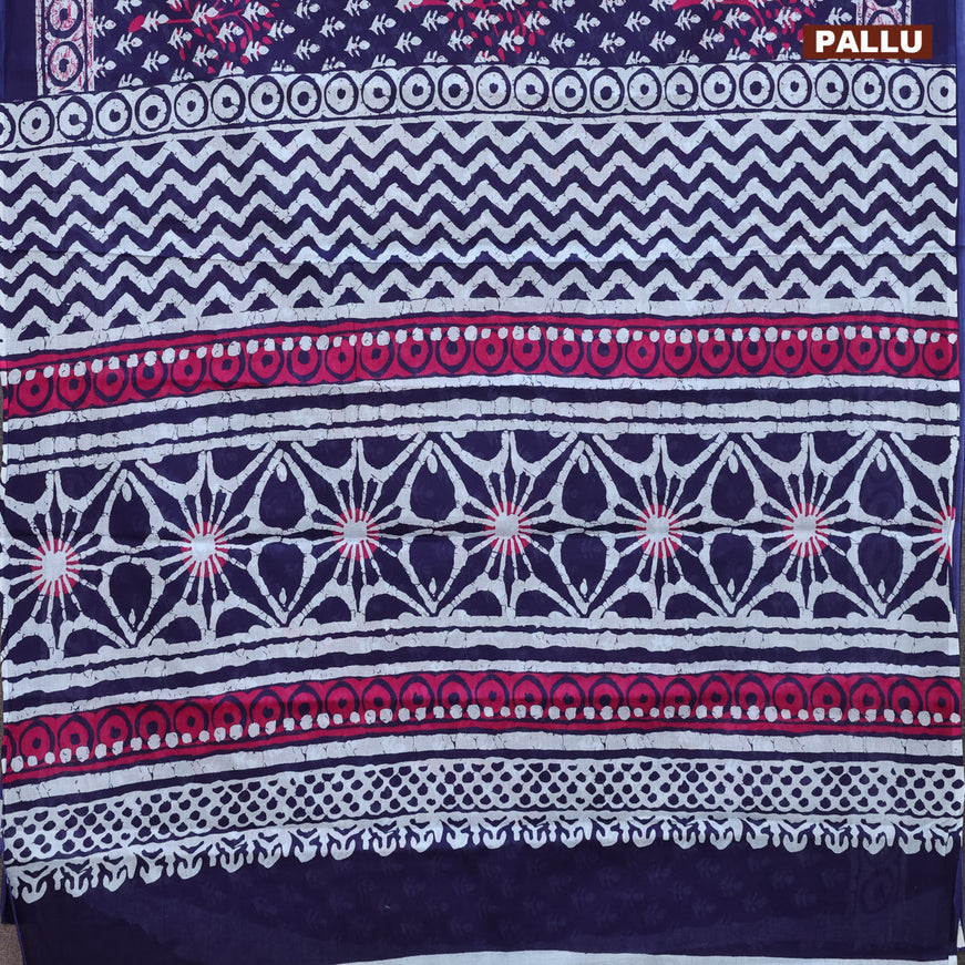 Jaipur cotton saree dark blue and off white with allover dabu prints and printed border