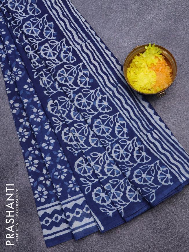 Jaipur cotton saree indigo blue with allover dabu prints and printed border