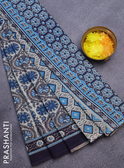 Jaipur cotton saree beige and navy blue with allover prints and printed border