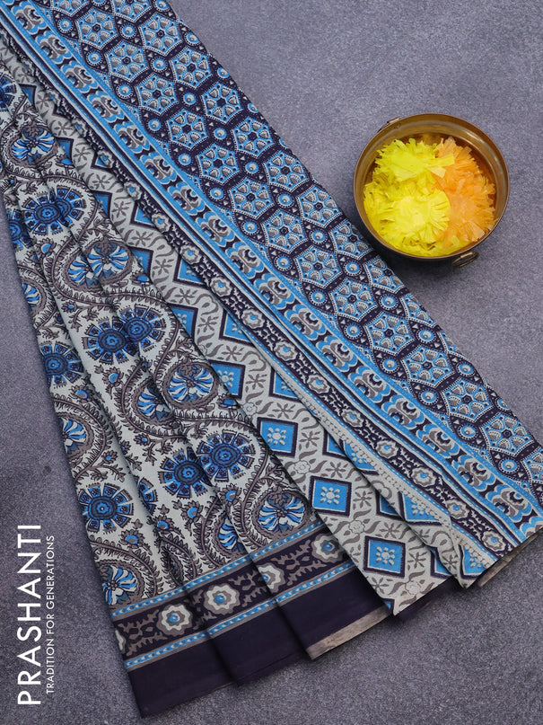 Jaipur cotton saree beige and navy blue with allover prints and printed border