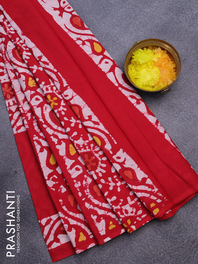 Jaipur cotton saree red with allover batik prints in borderless style