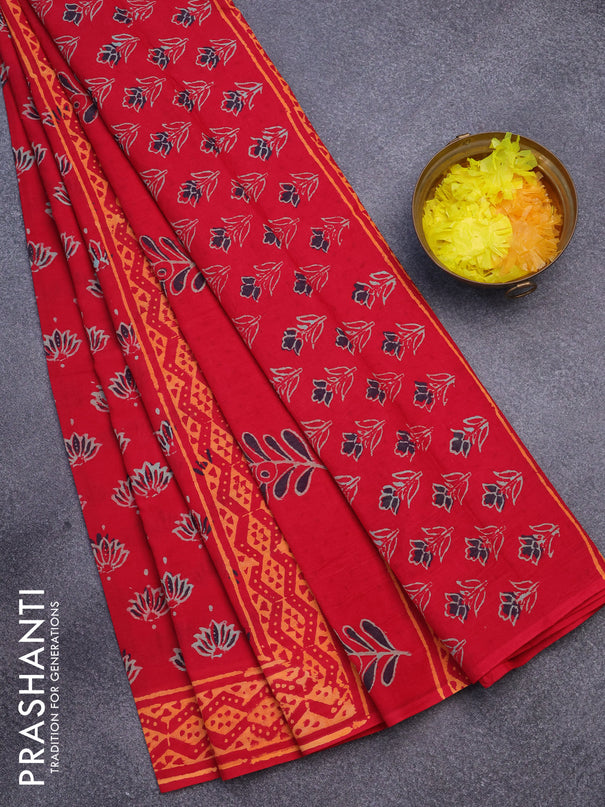 Jaipur cotton saree red and orange with allover butta prints and printed border