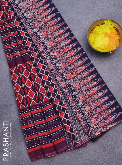 Jaipur cotton saree maroon and navy blue with allover prints and printed border