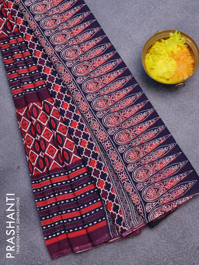 Jaipur cotton saree maroon and navy blue with allover prints and printed border