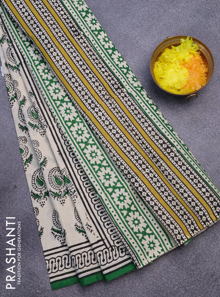 Jaipur cotton saree cream and green with allover paisley butta prints and printed border