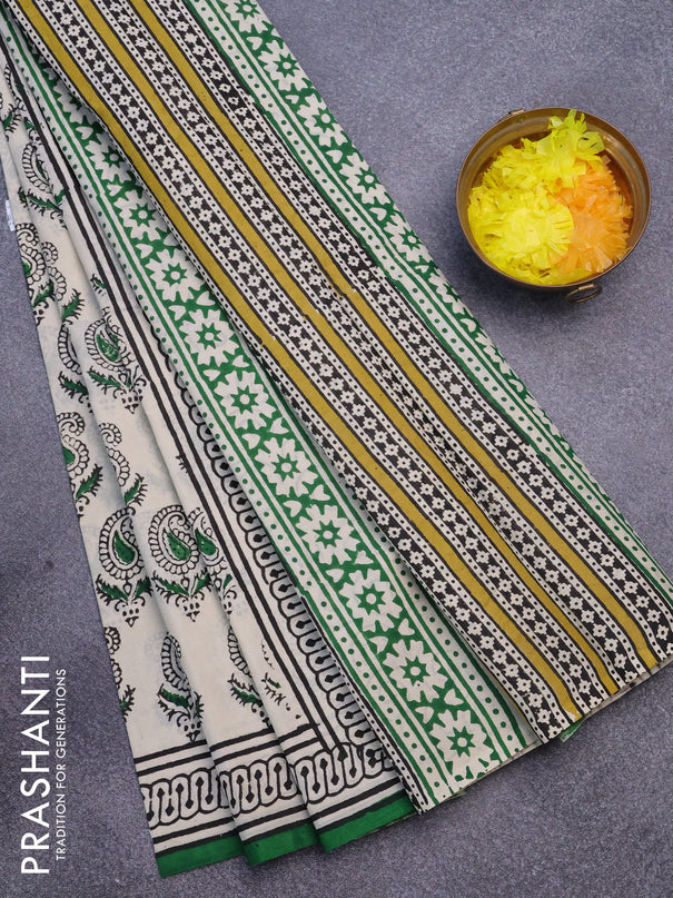 Jaipur cotton saree cream and green with allover paisley butta prints and printed border