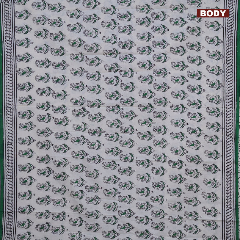 Jaipur cotton saree cream and green with allover paisley butta prints and printed border