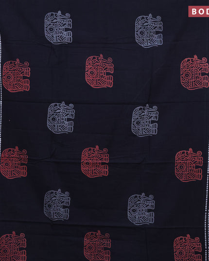 Jaipur cotton saree black and off white with elephant butta prints and printed border