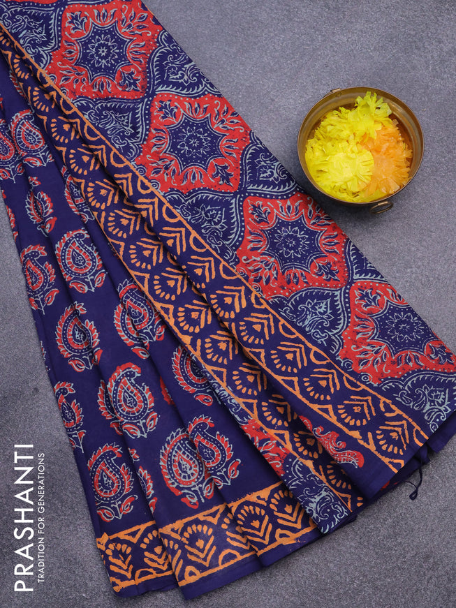 Jaipur cotton saree blue and orange with allover paisley butta prints and printed border