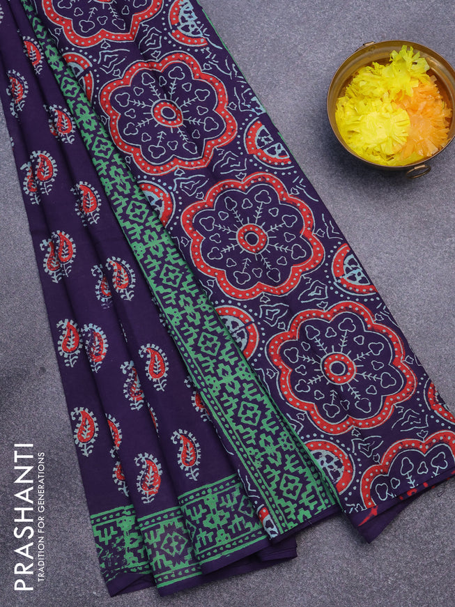 Jaipur cotton saree jamun shade and green with allover paisley butta prints and printed border