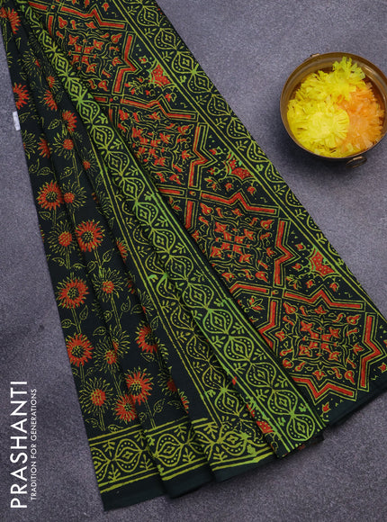 Jaipur cotton saree bottle green and light green with allover floral prints and printed border