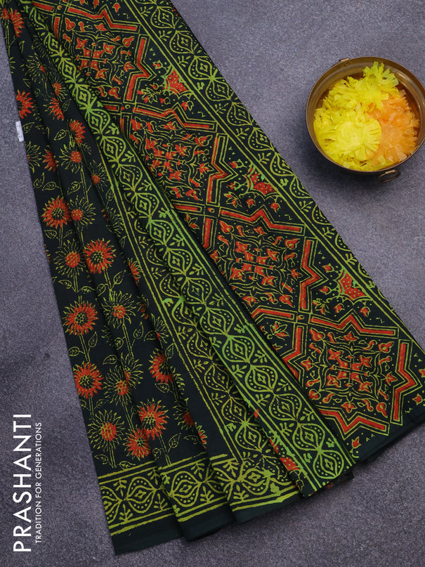 Jaipur cotton saree bottle green and light green with allover floral prints and printed border