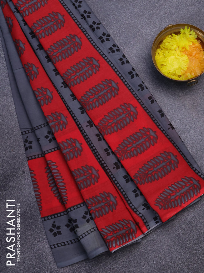 Jaipur cotton saree grey and red with plain body and printed border