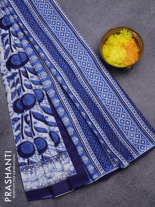 Jaipur cotton saree off white and blue with allover prints and printed border