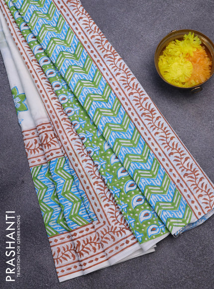 Jaipur cotton saree off white and brown with floral butta prints and printed border