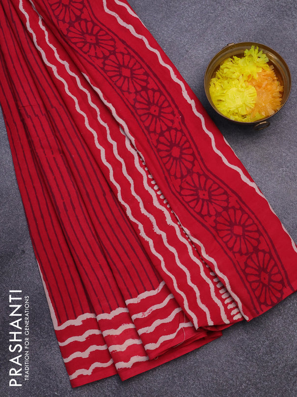 Jaipur cotton saree reddish pink with allover prints and printed border