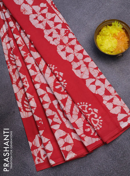 Jaipur cotton saree red and off white with batik butta prints in borderless style