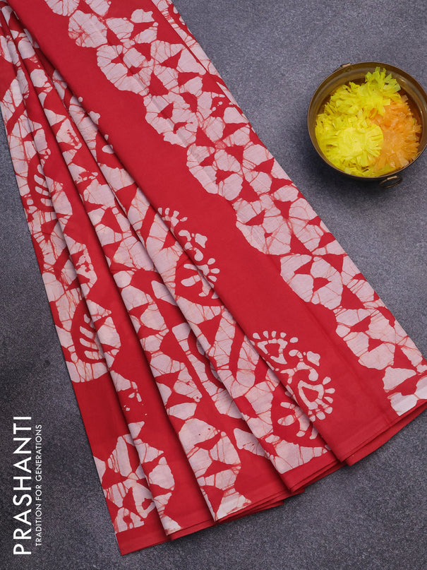 Jaipur cotton saree red and off white with batik butta prints in borderless style