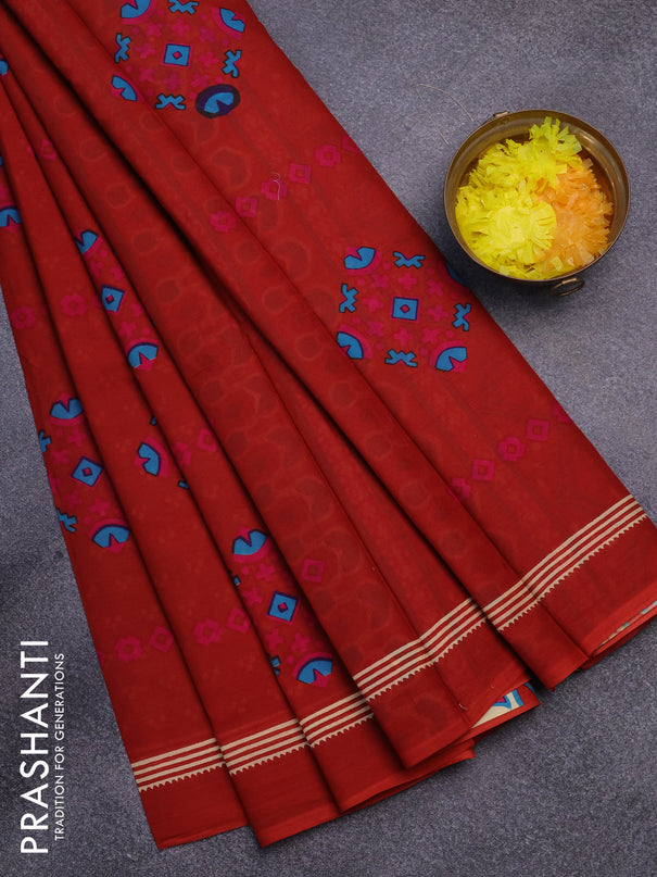 Jaipur cotton partly saree rustic orange with geometric butta prints and printed border