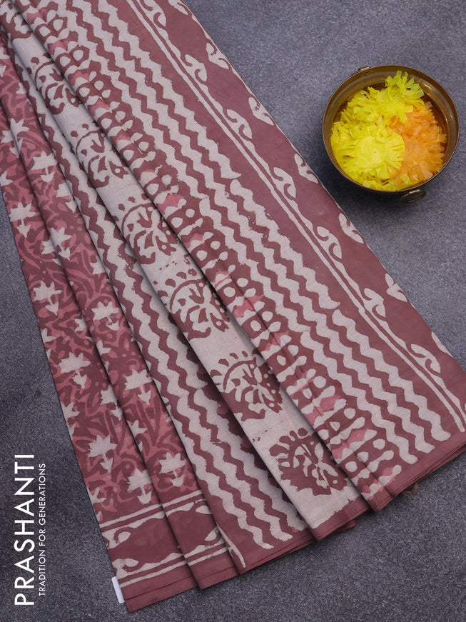 Jaipur cotton saree rosy brown with allover dabu prints and printed border