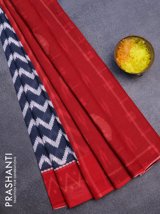 Jaipur cotton saree grey off white and red with allover zig zag prints and printed border