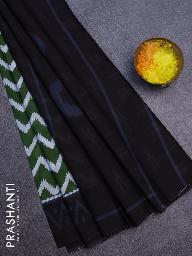 Jaipur cotton saree sap green off white and black with allover zig zag prints and printed border