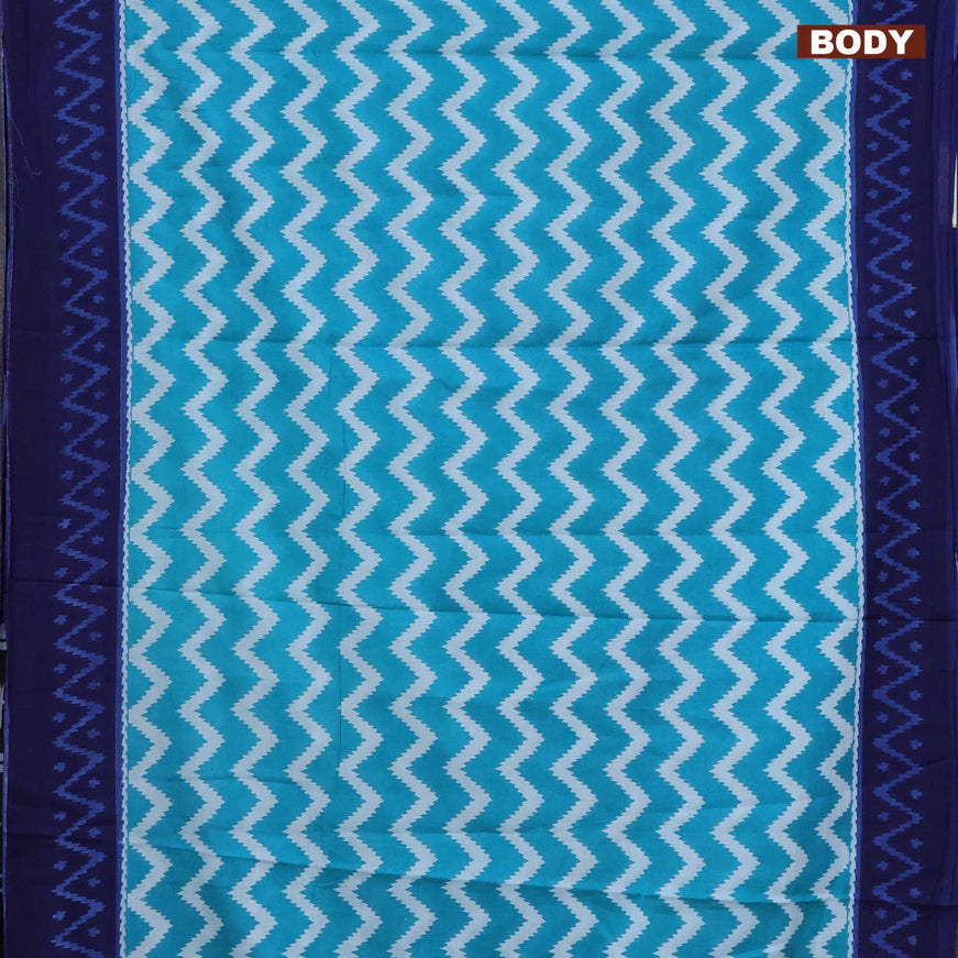 Jaipur cotton saree teal blue off white and dark blue with allover zig zag prints and printed border