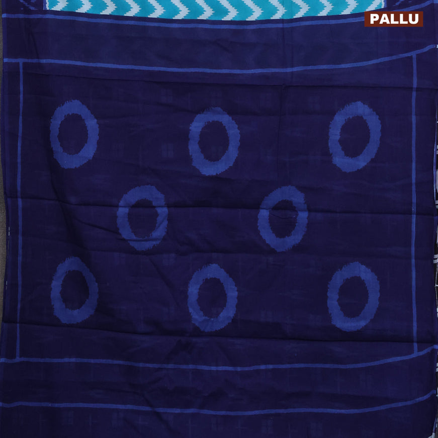Jaipur cotton saree teal blue off white and dark blue with allover zig zag prints and printed border
