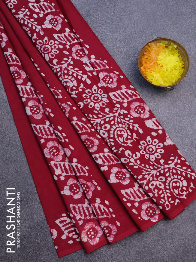 Jaipur cotton saree maroon and off white with batik prints in borderless style