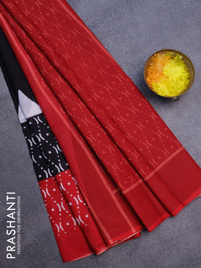 Jaipur cotton saree black and red with allover prints and simple border
