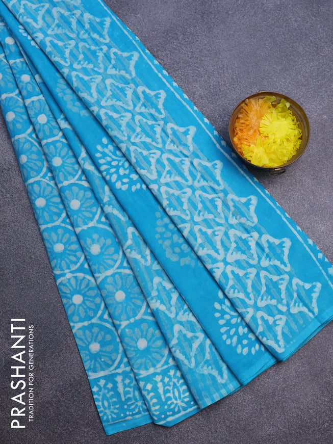 Jaipur cotton saree teal blue with allover prints and printed border