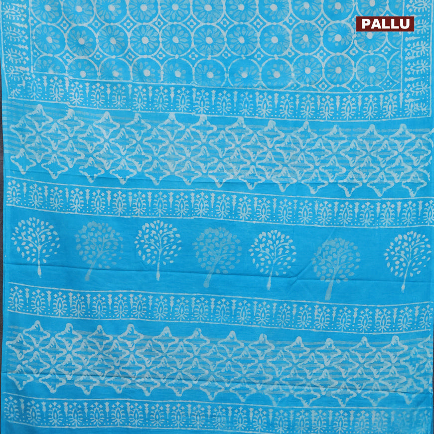 Jaipur cotton saree teal blue with allover prints and printed border