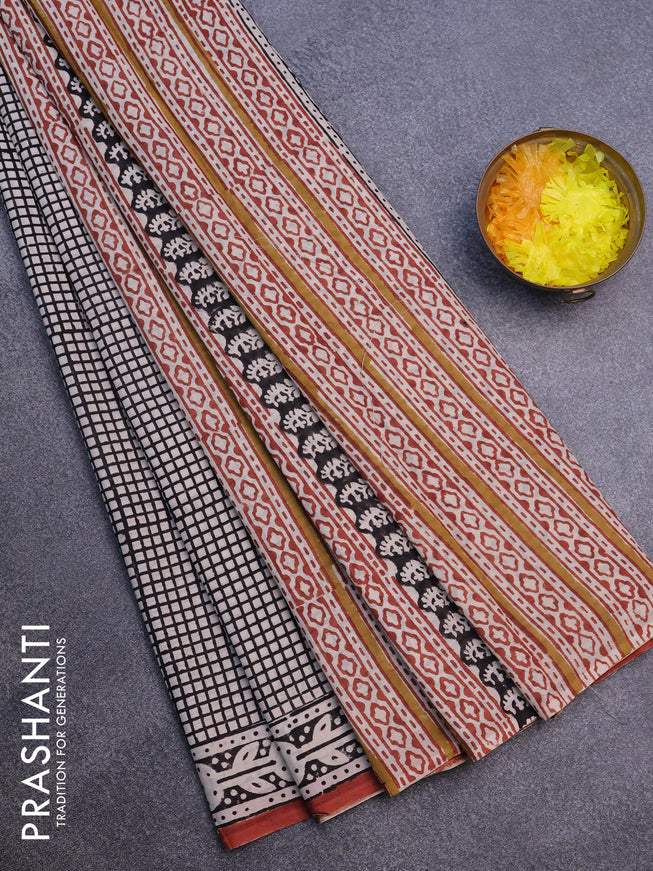 Jaipur cotton saree beige black and rust shade with allover checked pattern and printed border
