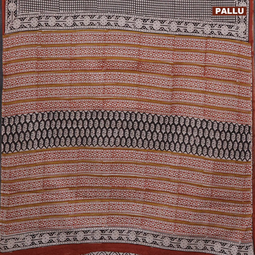 Jaipur cotton saree beige black and rust shade with allover checked pattern and printed border