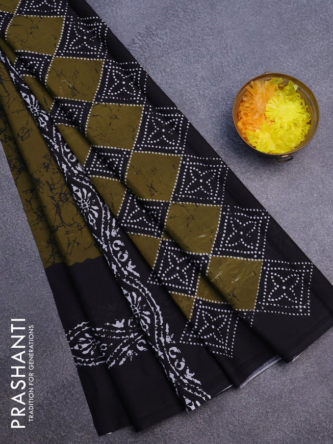 Jaipur cotton saree mehendi green and black with allover prints and printed border