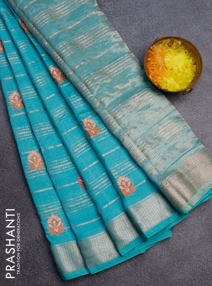 Semi chanderi saree teal blue with allover zari stripes & embroidery buttas and zari woven border