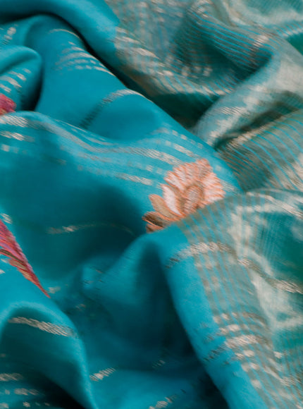 Semi chanderi saree teal blue with allover zari stripes & embroidery buttas and zari woven border