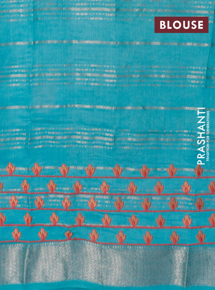 Semi chanderi saree teal blue with allover zari stripes & embroidery buttas and zari woven border