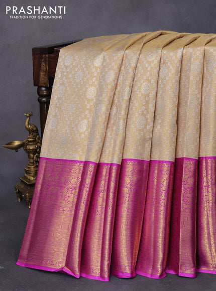 Pure kanjivaram tissue silk saree cream and purple with allover silver zari woven brocade weaves and long rich zari woven border