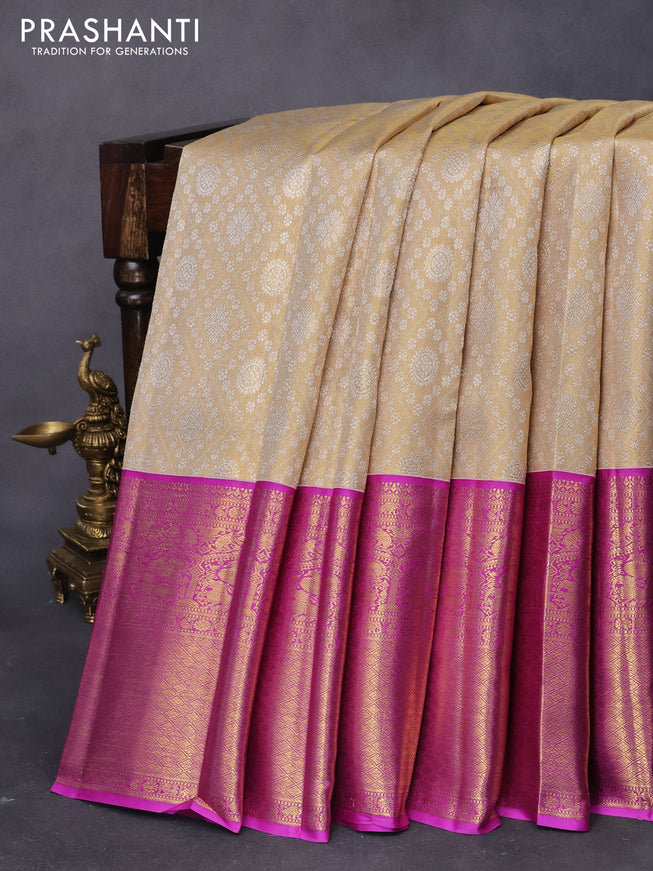 Pure kanjivaram tissue silk saree cream and purple with allover silver zari woven brocade weaves and long rich zari woven border