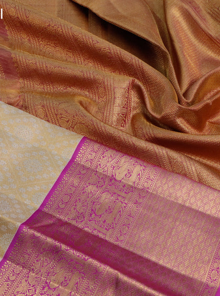 Pure kanjivaram tissue silk saree cream and purple with allover silver zari woven brocade weaves and long rich zari woven border