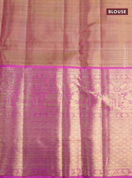 Pure kanjivaram tissue silk saree cream and purple with allover silver zari woven brocade weaves and long rich zari woven border