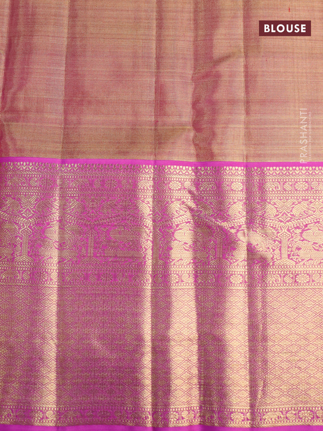 Pure kanjivaram tissue silk saree cream and purple with allover silver zari woven brocade weaves and long rich zari woven border