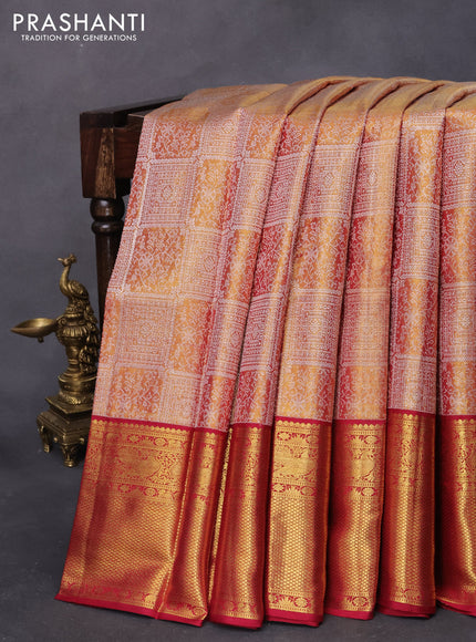 Pure kanjivaram tissue silk saree gold and dual shade of dark pink with allover silver zari woven brocade weaves and rich annam & paisley zari woven border